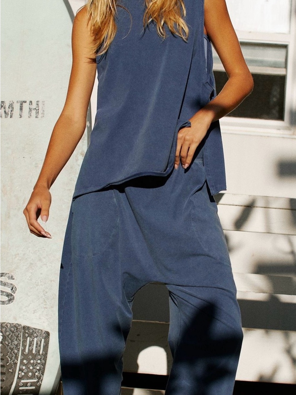 Free People Slate Blue Relaxed Drop-Crotch Jumpsuit